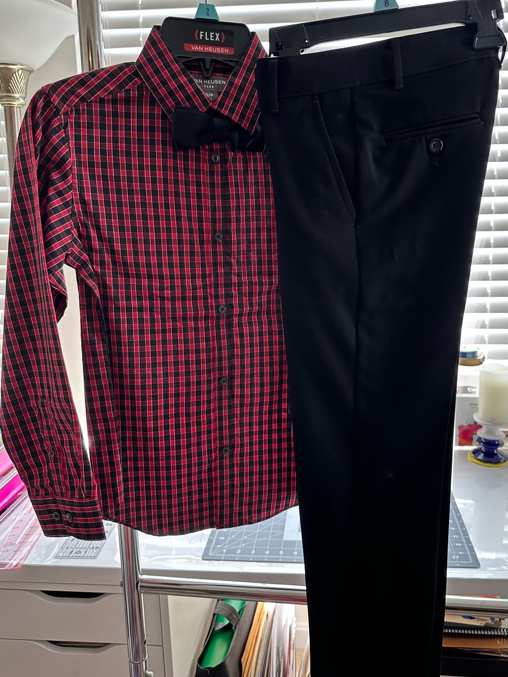 Boys - Van Heusen Red Plaid Flex Dress Shirt with Black Slacks